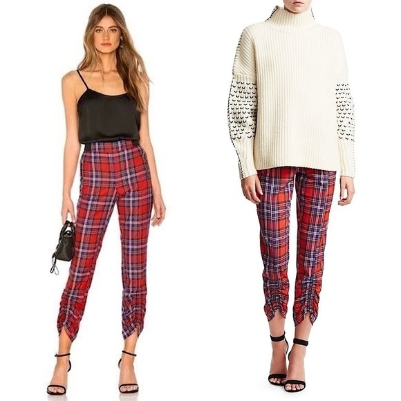 TANYA TAYLOR Tartan Plaid Check Lamb Leather Trim Ruched Ankle Crop Trousers 14 - Picture 1 of 10
